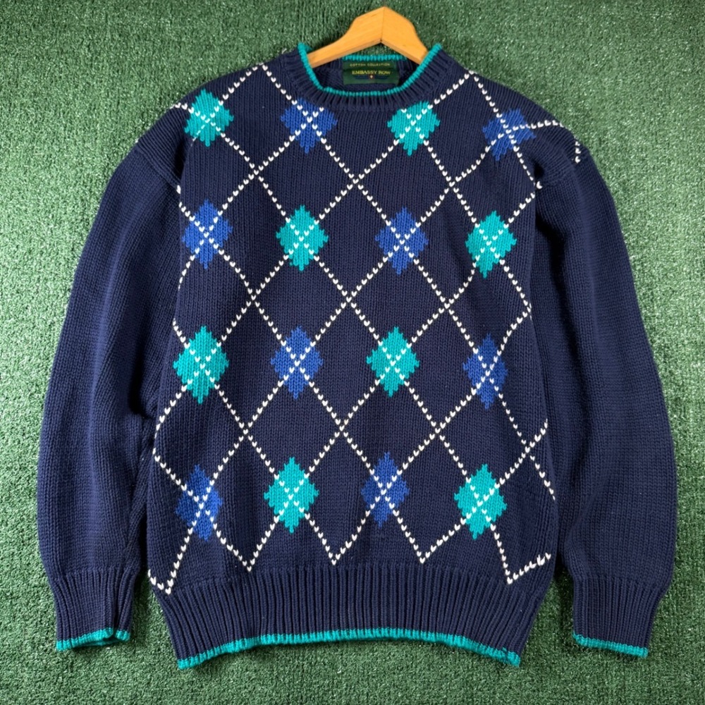 Embassy Row Sweater Mens L Blue Good Argyle Cotton Knit Crewneck Pullover